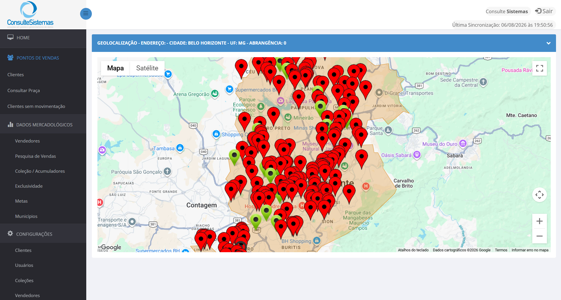 Tela real do sistema Consulte Sistemas com mapa e geolocalização dos pontos de venda